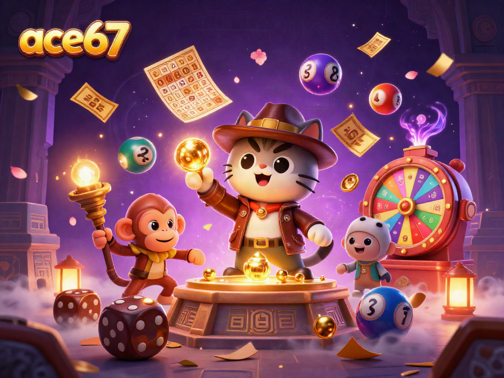 Exciting scene of ace67 with an archaeologist cat and monkey discovering casino treasures.