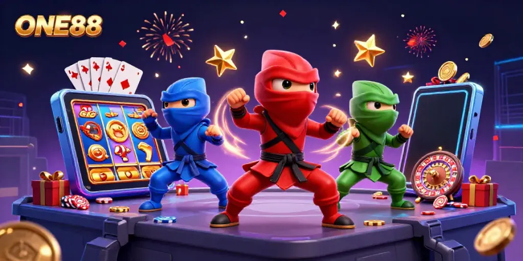 Engage with ONE88 while chameleons showcase synchronized martial arts amidst vibrant casino elements.