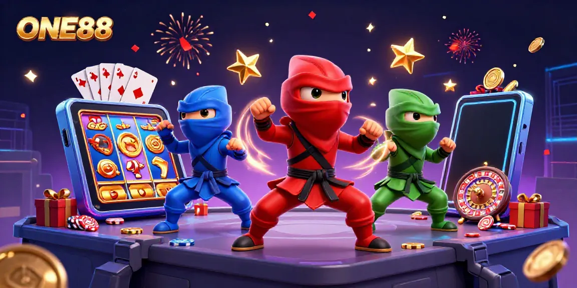 Engage with ONE88 while chameleons showcase synchronized martial arts amidst vibrant casino elements.