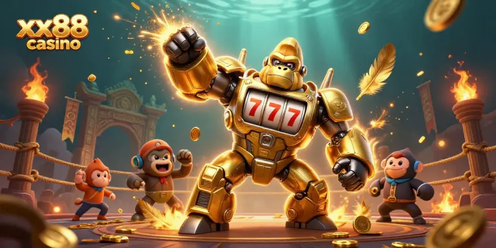 Experience winning at xx88 casino with a golden gorilla mech and thrilling casino elements.