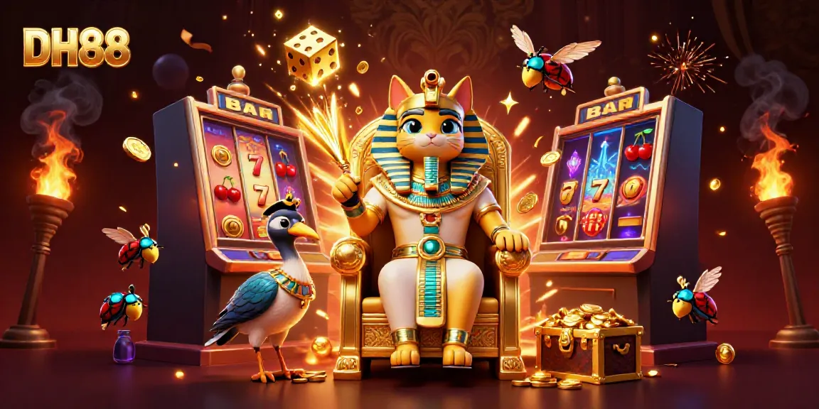 Experience the thrill of DH88 with a vibrant scene featuring a pharaoh cat, golden treasures, and exciting casino elements.