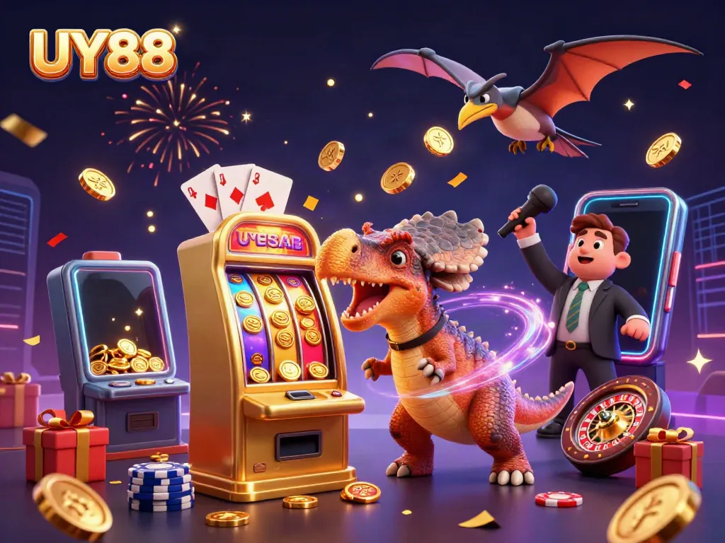 Experience UY88's exciting casino world with vibrant 3D characters celebrating jackpot wins amidst slot games.