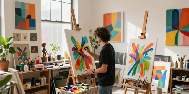 Creative artist in a vibrant studio showcasing skintoto artwork in progress