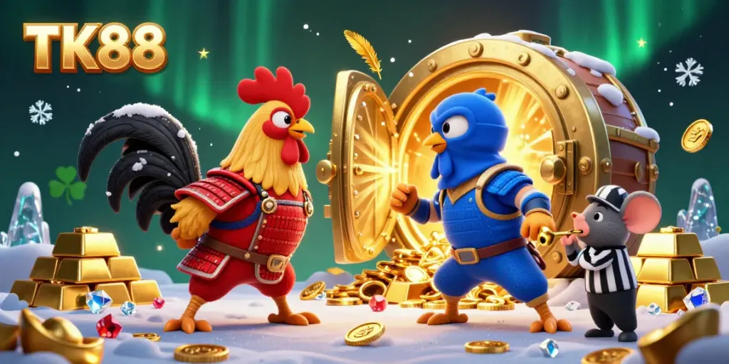 Battle between TK88 roosters in a vibrant casino scene filled with treasures.