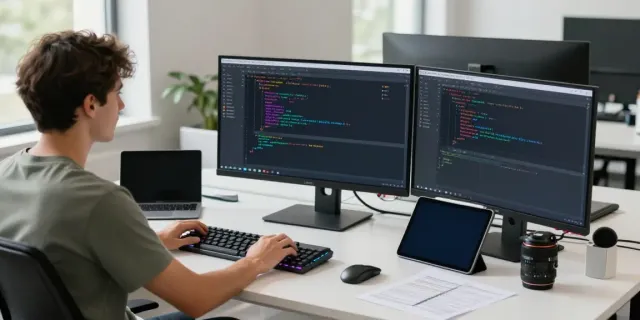 Interactive Notepad++ code editor workspace at https://notepad-app.co/ with multiple monitors and vibrant syntax highlighting.