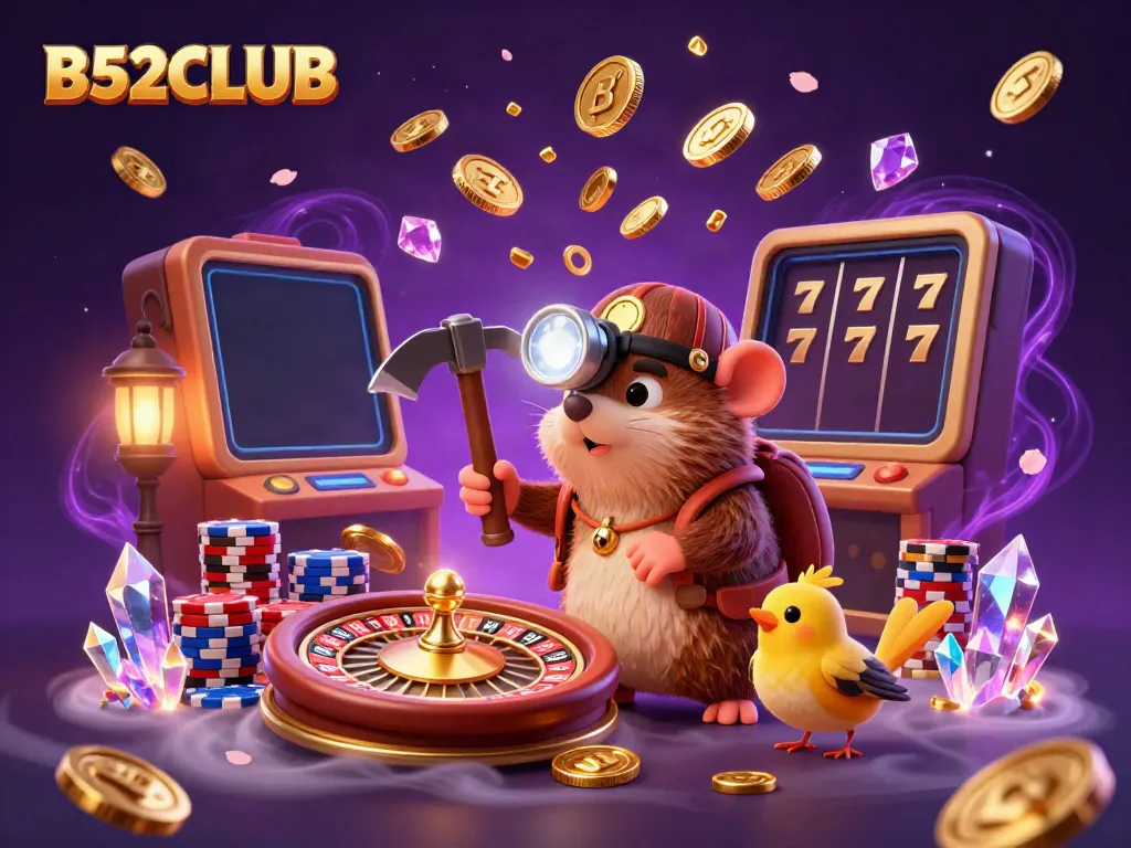 B52CLUB invites gamers to experience vibrant casino excitement with a treasure hunter mole amid dazzling gold and gems.