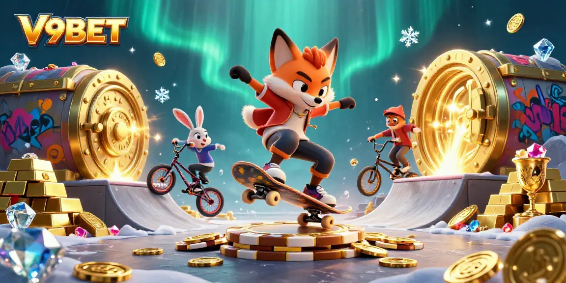 Experience thrilling games with V9BET as a skateboarder fox performs a kickflip over golden poker chips.