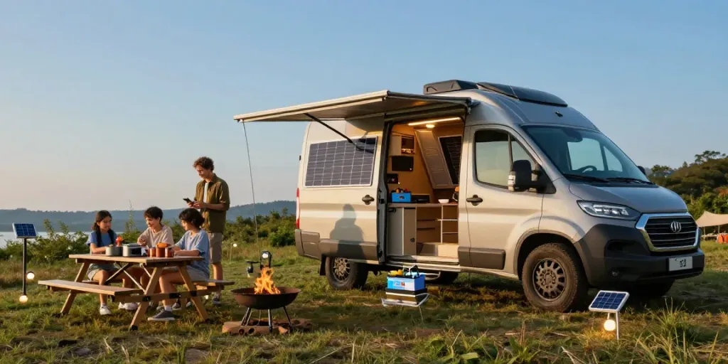 Family campsite powered by 12v batteries with solar panels and outdoor cooking gear.