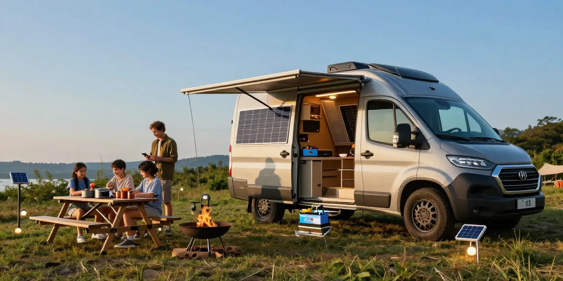 Family campsite powered by 12v batteries with solar panels and outdoor cooking gear.