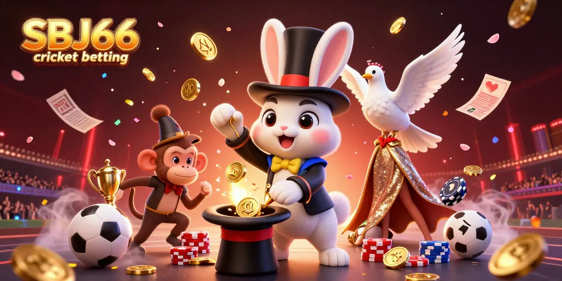 Experience thrilling SBJ66 cricket betting as a magician rabbit conjures coins, with engaging sports elements around.