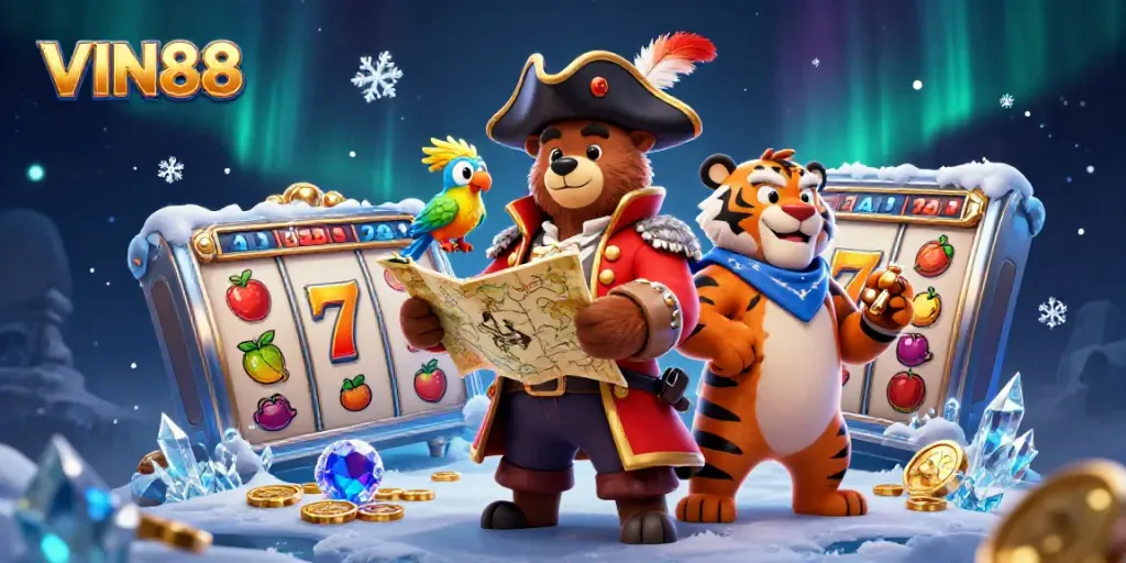 Experience excitement with VIN88's ultra-detailed casino scene featuring a pirate bear and a tiger.