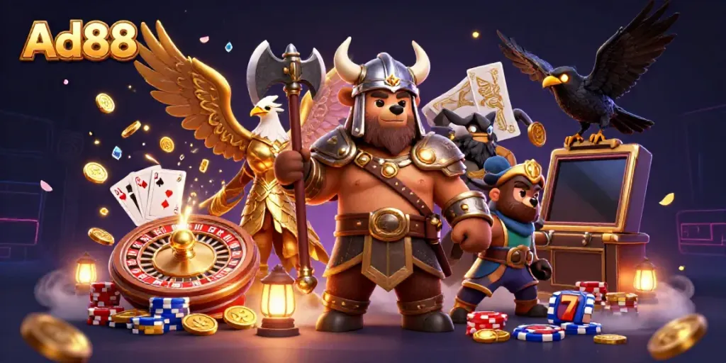 Engage with Ad88's casino experience through dynamic scenes of rewards and games.