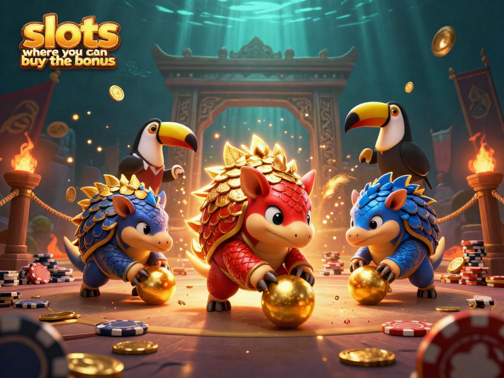 Engage with slots where you can buy the bonus, illustrated with dynamic pangolins and vibrant casino elements.