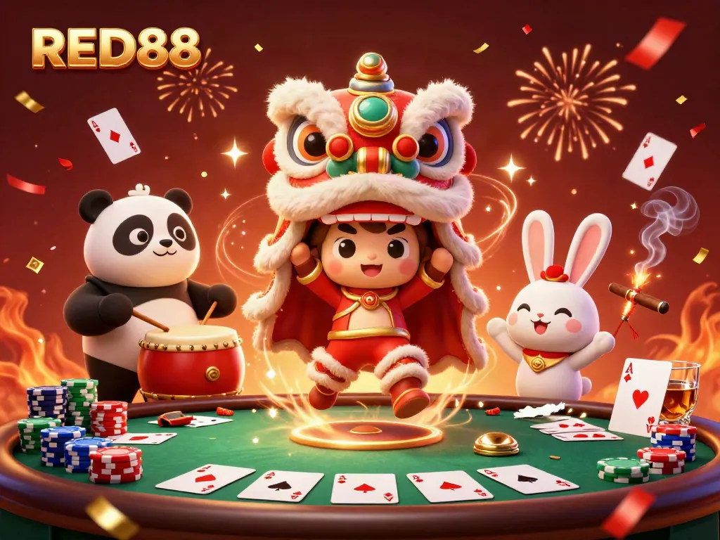 Experience the thrill of RED88 with vibrant casino elements, a lively lion dance, and festive energy.