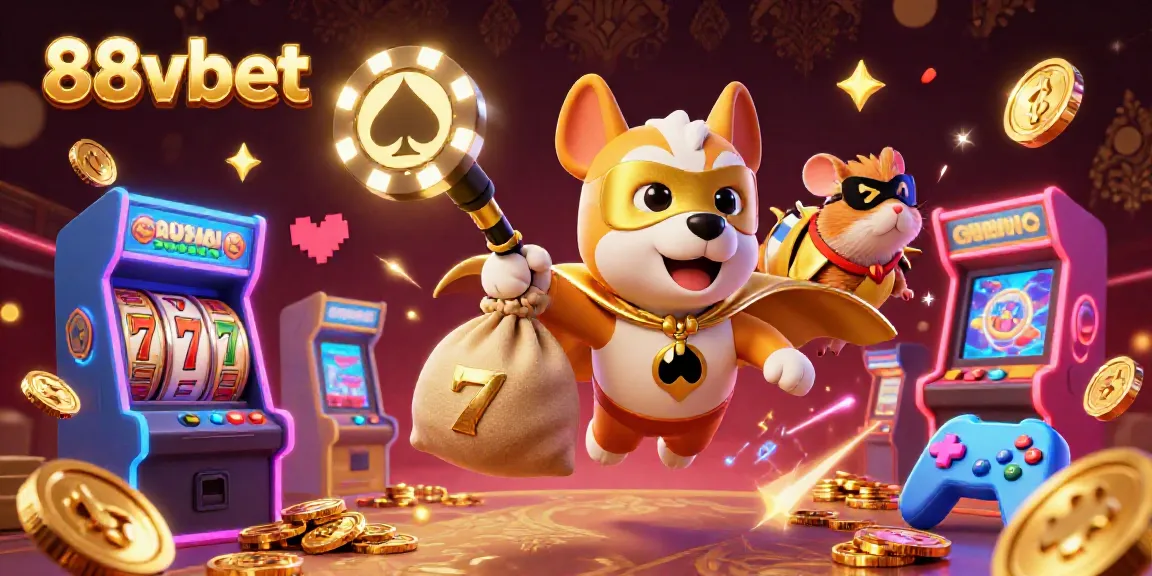 Engage with 88vbet in an electrifying scene featuring a superhero dog, gold coins, and vibrant gaming elements.