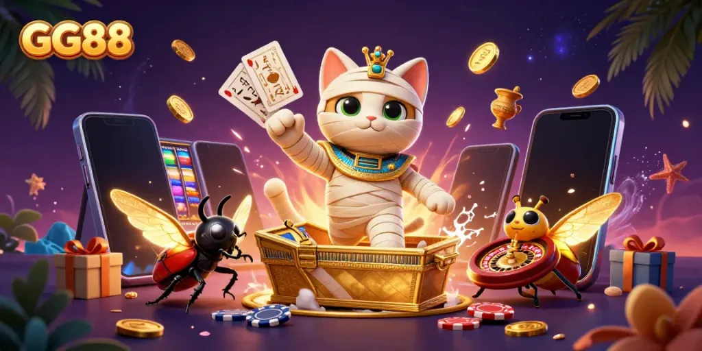 GG88's vibrant casino scene features a mummy cat and a glowing scarab in an engaging slot game environment.