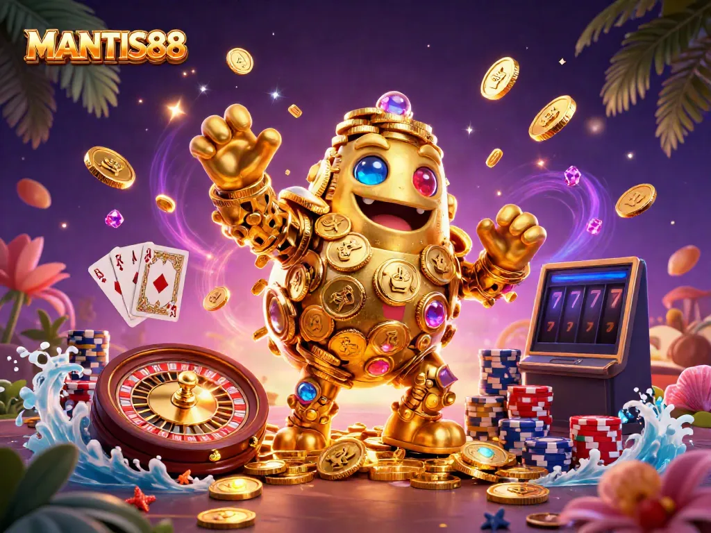 MANTIS88 presents an exciting 3D golem made of coins surrounded by thrilling gaming elements.