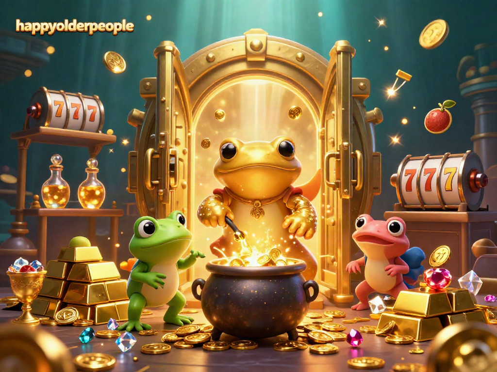 Experience magic with happyolderpeople as golden alchemists transform treasures in a vibrant casino scene.