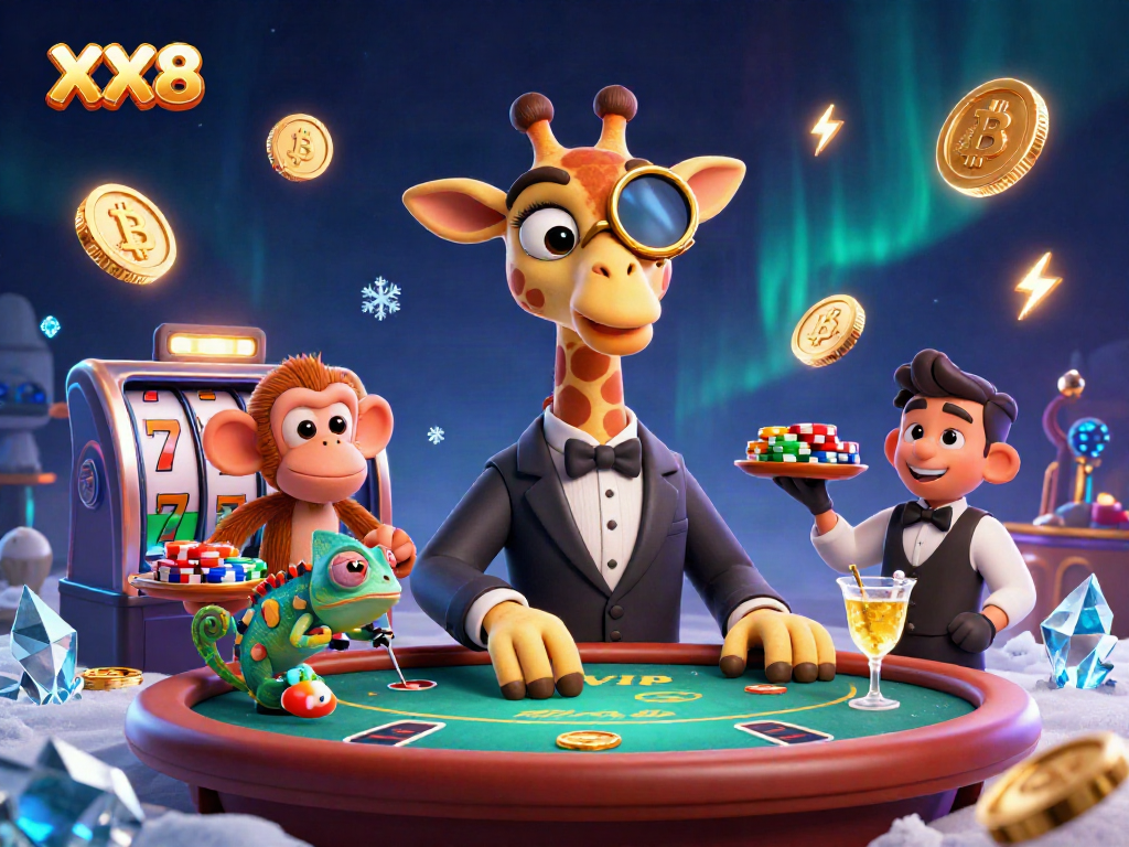 Engage with thrilling games at XX8, featuring a high-roller giraffe and dynamic casino elements.