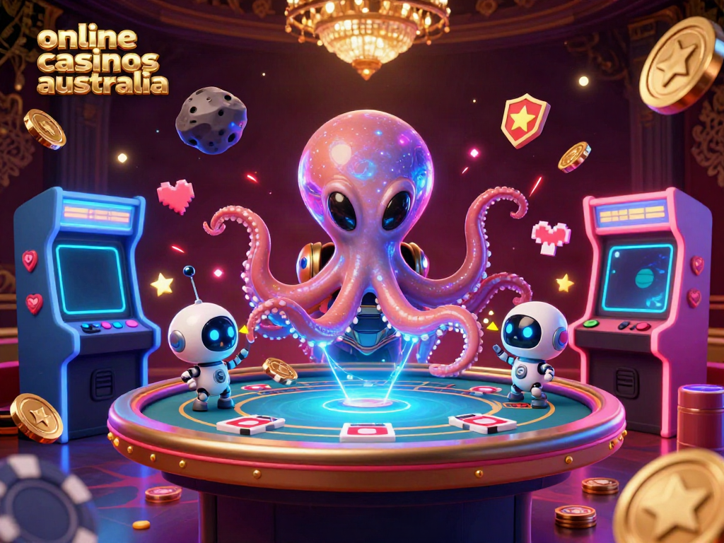 Engage with top online casinos Australia featuring a holographic poker table and gaming elements.