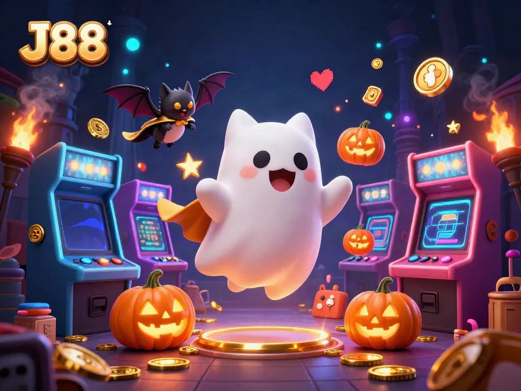 Experience the thrilling J88 gaming adventure with a playful ghost cat and vampire bat in a haunted casino.