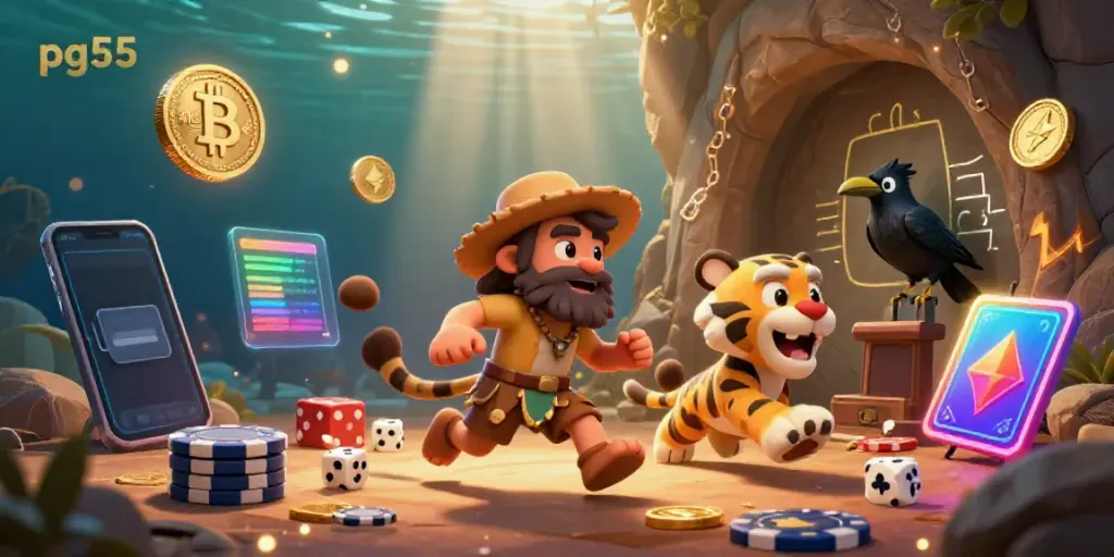 Engage in thrilling prehistoric gaming with pg55 in a vibrant casino filled with cartoon characters and crypto elements.