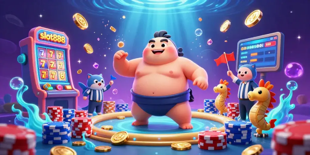 Experience slot888 excitement in a vibrant underwater casino scene with colorful characters and gaming elements.