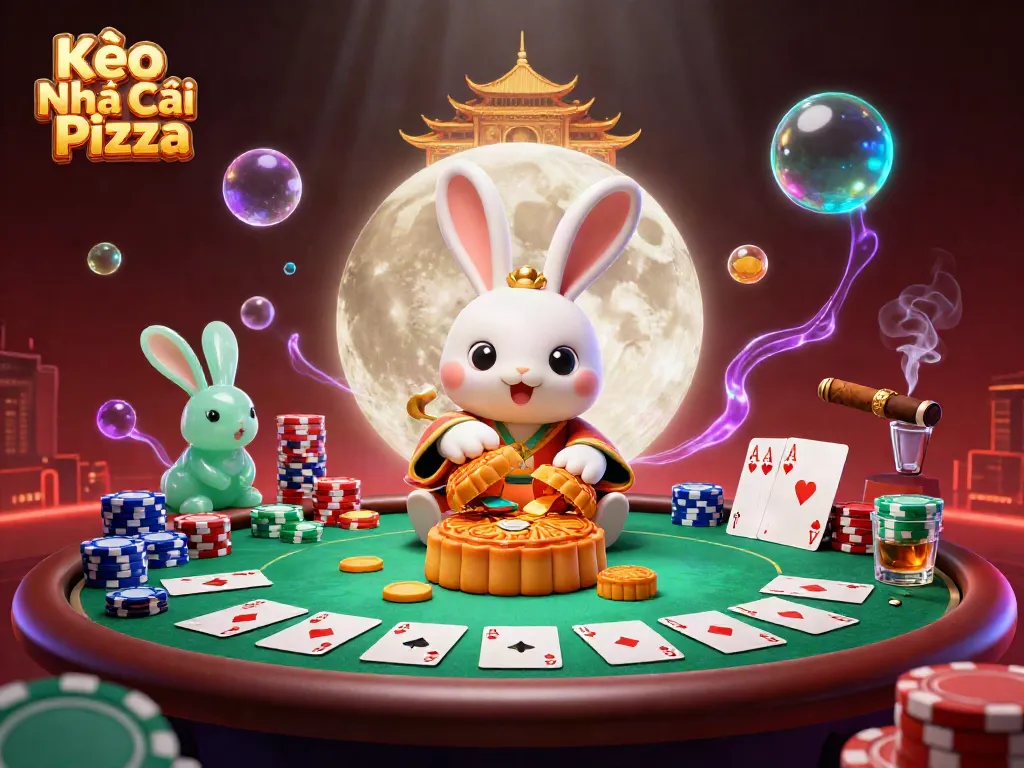 Engage in thrilling Kèo Nhà Cái Pizza gaming with a vibrant illustration of a moon rabbit and poker elements