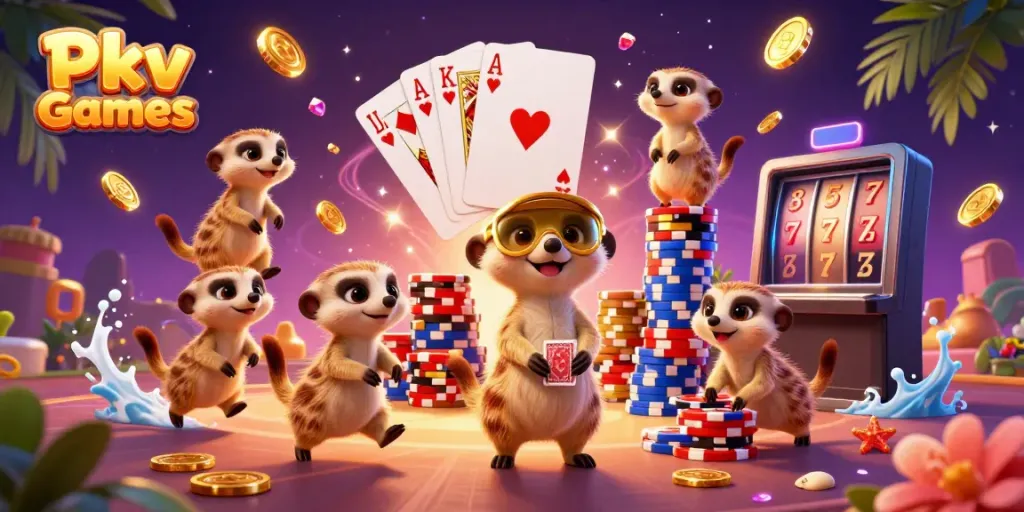 Pkv Games showcases a lively meerkat casino scene filled with gold coins and vibrant poker elements.