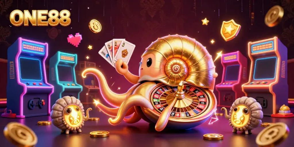 Engage with ONE88's vibrant casino culture through this energetic 3D illustration featuring roulette and cards.