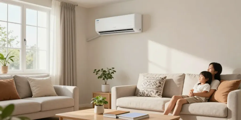 Chic living room with a mini split air conditioning unit providing cool comfort