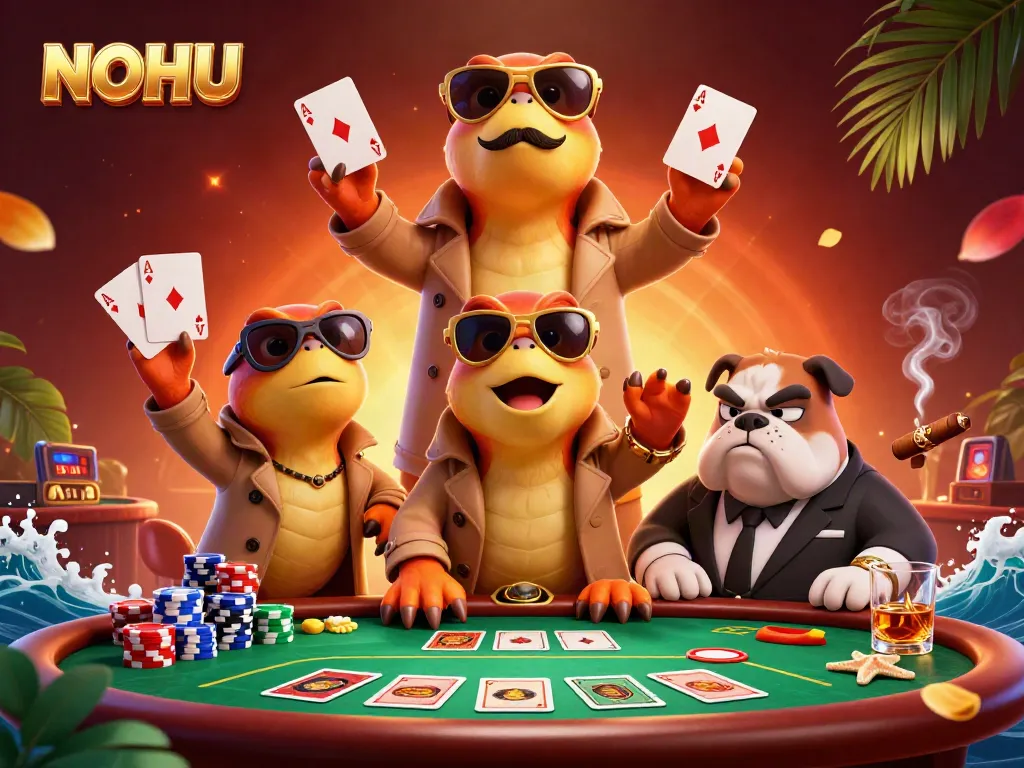 NOHU showcases a humorous scene with raptors attempting to enter a casino, enhancing the playful gambling atmosphere.
