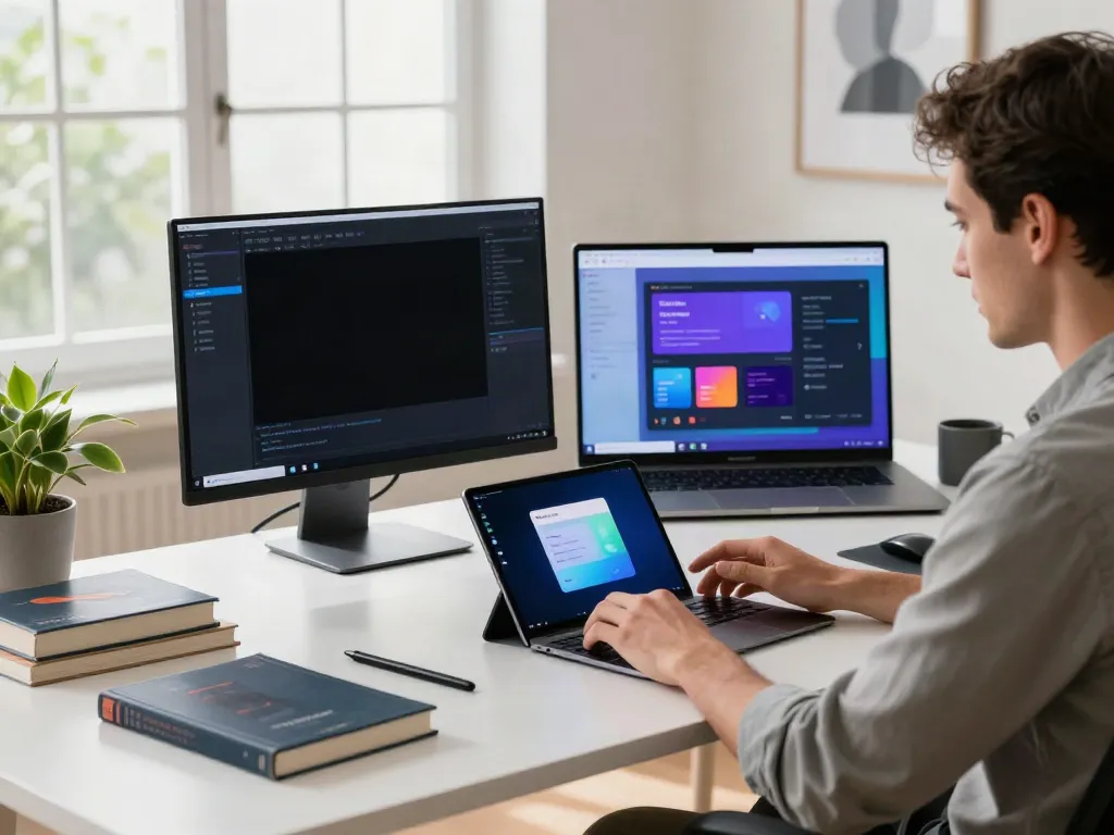 Developer using an Android device in a tech-focused workspace, showcasing apk application interfaces.