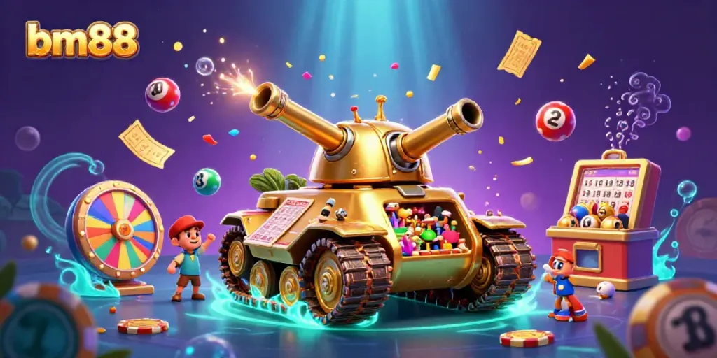 Experience exciting gameplay at bm88 with dynamic lottery balls and a miniature casino inside a golden beetle tank.