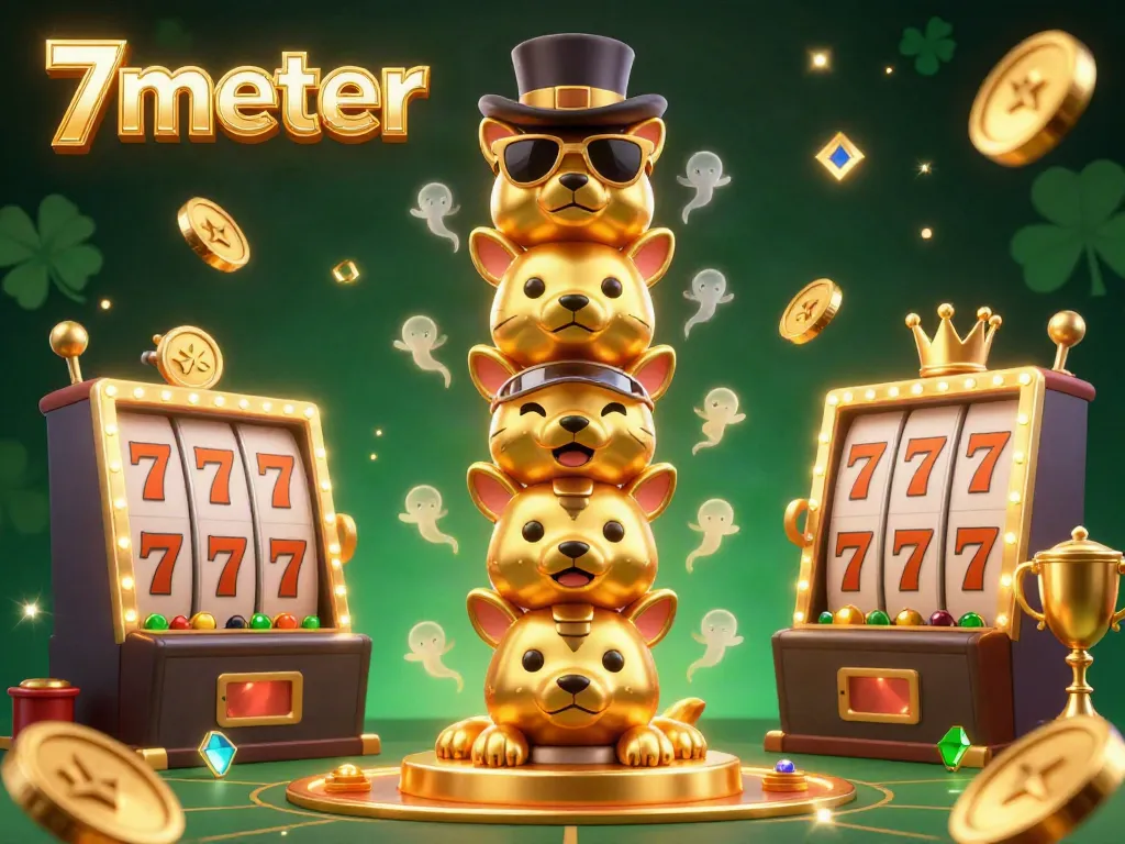 Engage with thrilling games at 7meter, featuring dynamic casino elements like slot reels and golden trophies.