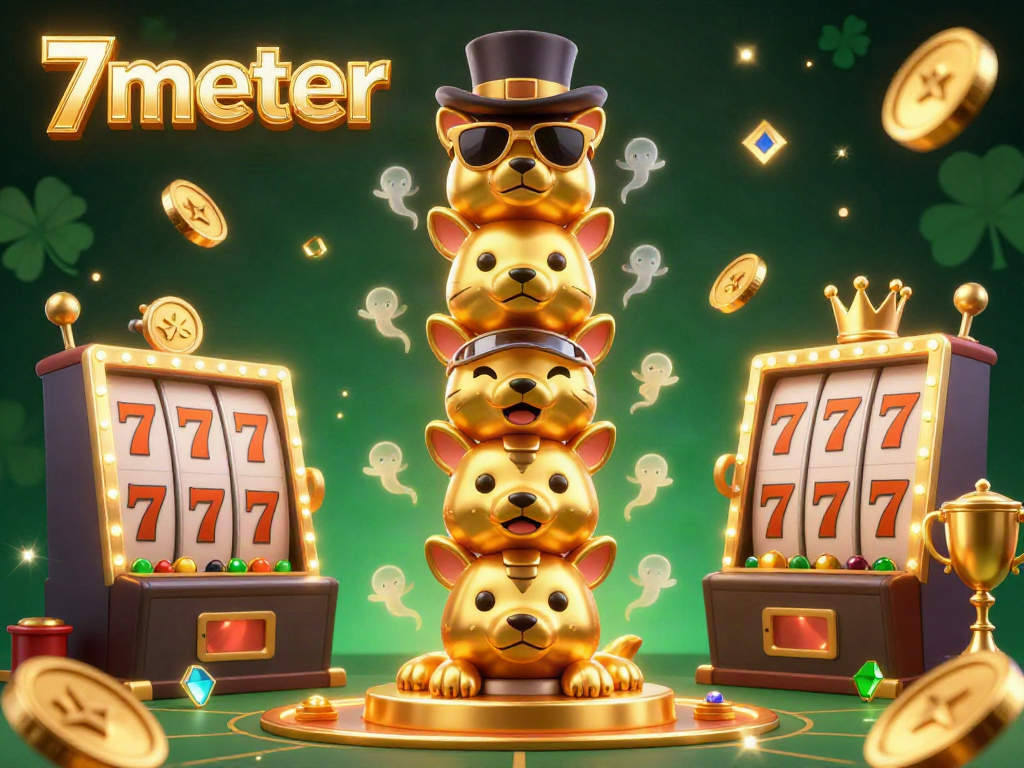 Engage with thrilling games at 7meter, featuring dynamic casino elements like slot reels and golden trophies.