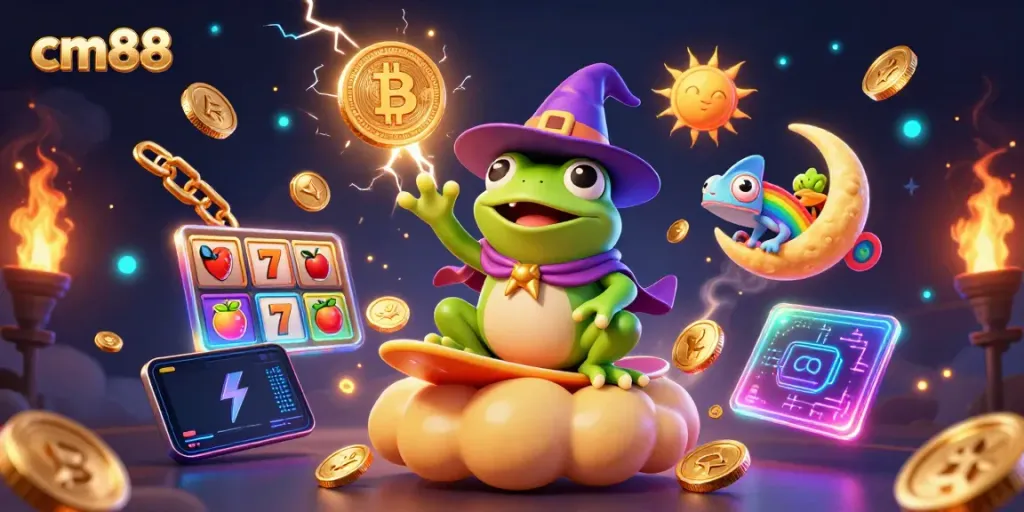 Engage with cm88’s vibrant 3D illustration featuring a wizard frog and a chameleon amidst a casino storm of coins and jackpots.
