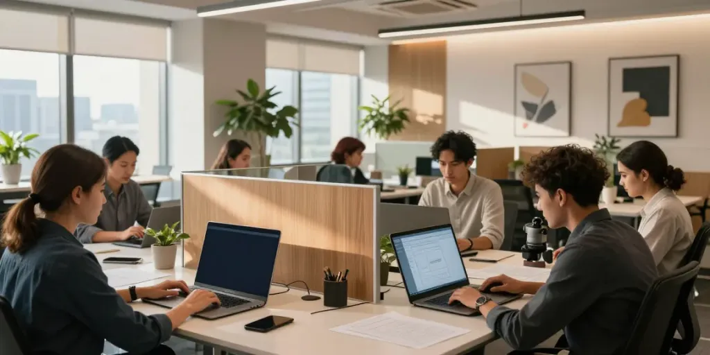 Contemporary office featuring a stylish پارتیشن enhancing workspace privacy and aesthetic appeal.