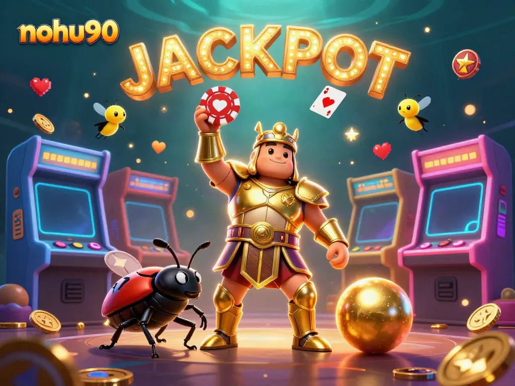 Experience excitement with nohu90 as a victorious beetle lifts a poker chip amidst a vibrant casino scene.