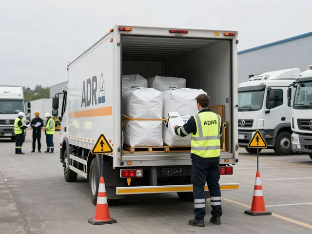 ADR Spedition: Sicherer Transport von Gefahrgütern durch fachkundigen Fahrer in modernem Logistikzentrum.