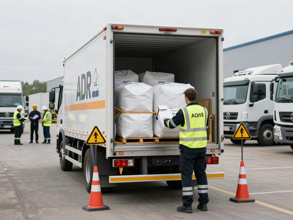ADR Spedition: Sicherer Transport von Gefahrgütern durch fachkundigen Fahrer in modernem Logistikzentrum.