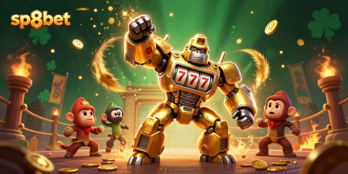 Play exciting slots and jackpots at sp8bet as the golden gorilla mech celebrates wins within a vibrant casino atmosphere.