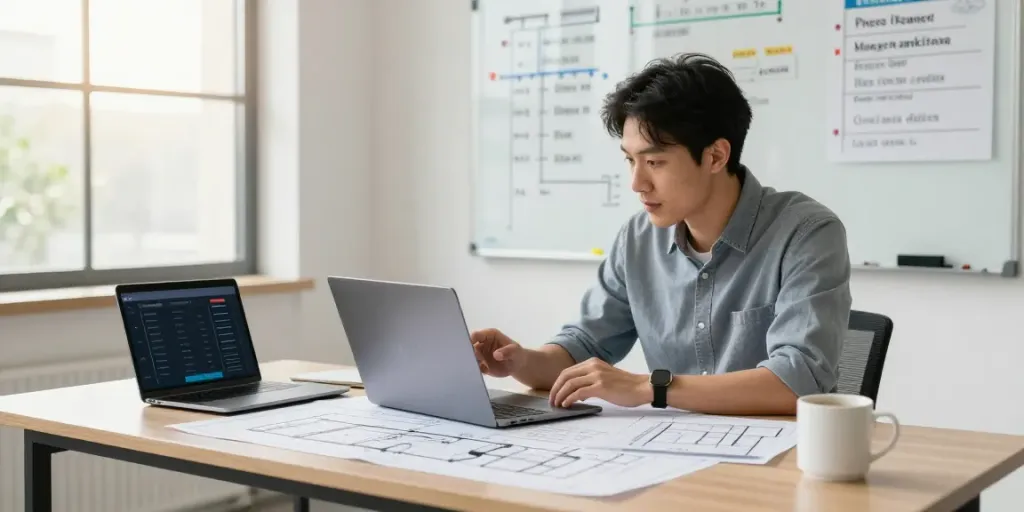 Plumbing Business Software in a modern office with project manager reviewing documents.