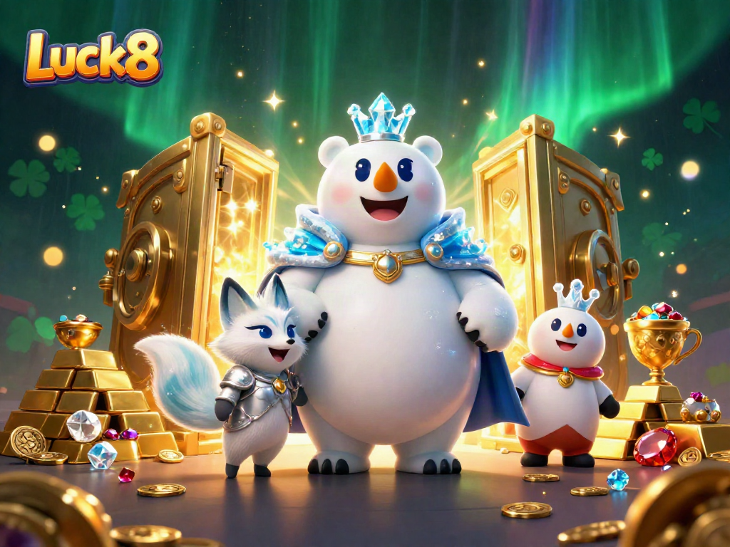 Experience the thrill of Luck8 with treasures, 3D characters, and casino elements in an immersive scene.