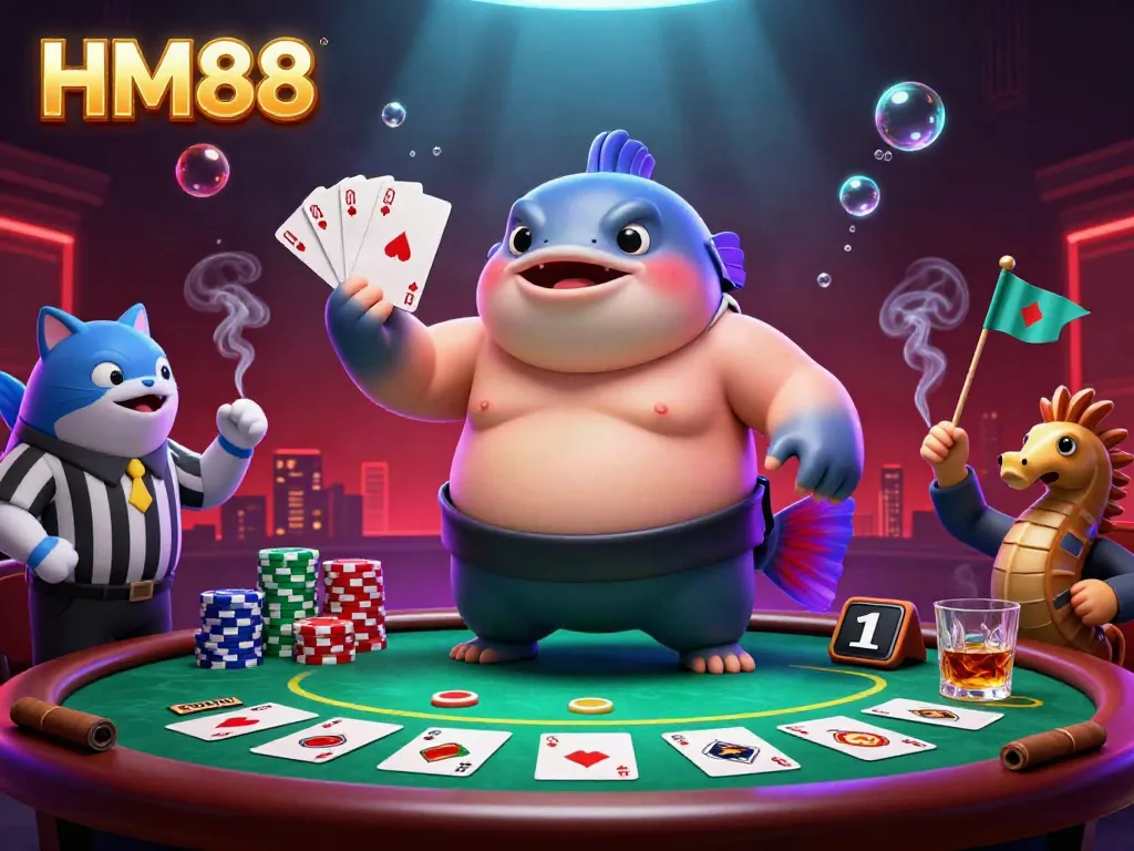 Engage in thrilling online gambling at HM88 with animated characters and casino elements in a lively underwater scene.