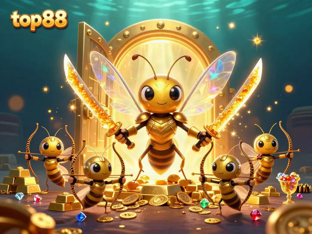 Engage with top88's thrilling gaming atmosphere; a samurai hornet leads a treasure hunt in an underwater casino.