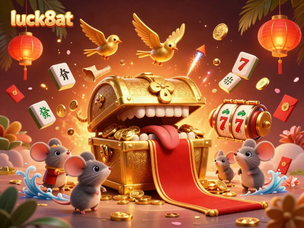 Engage with exciting treasures at luck8at, featuring a golden treasure chest surrounded by vibrant casino elements.