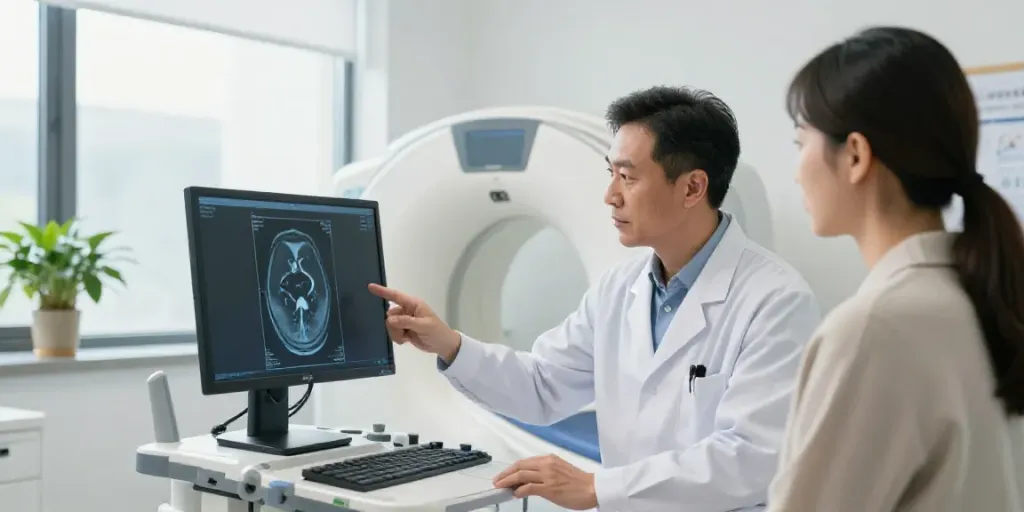 Moderne Diagnostik im Diagnostikzentrum Wolfsburg mit Radiologe und Patient im Gespräch.