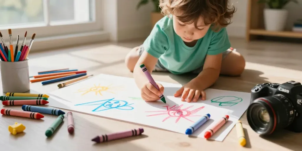 Children using vibrant crayons demonstrating crayon manufacturers' products in a colorful art studio.