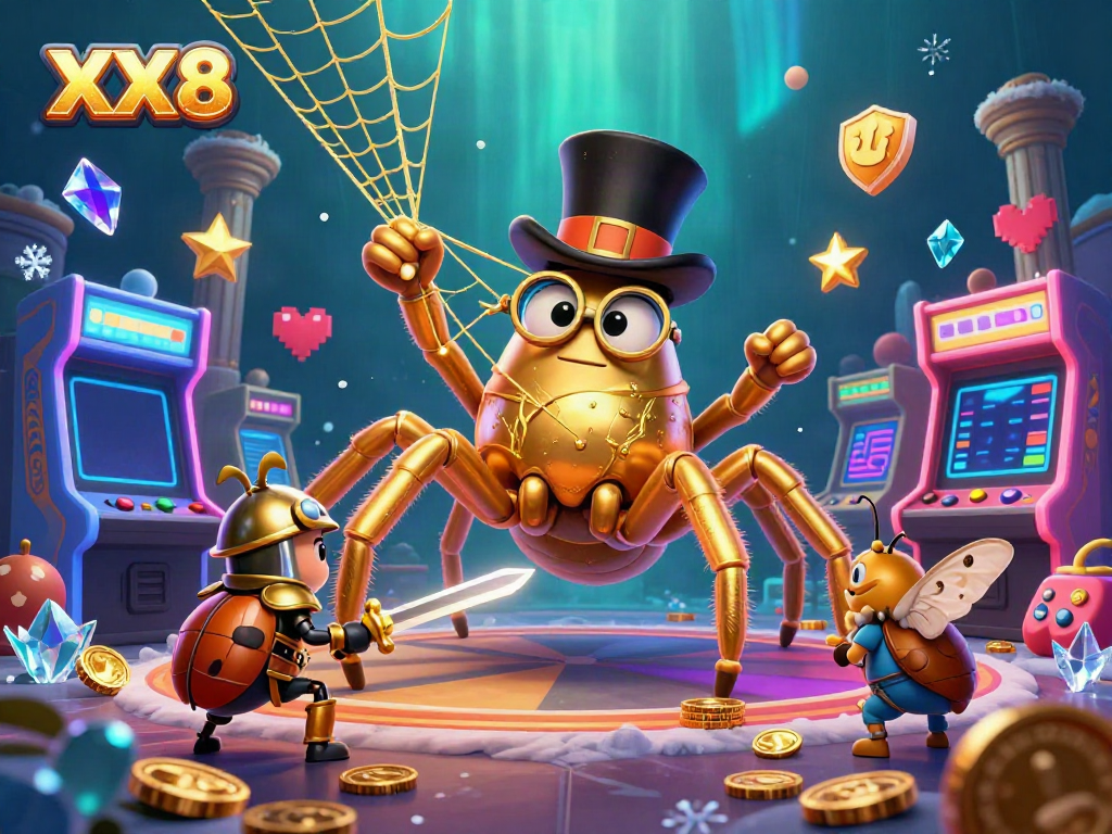 Join the excitement of XX8 with a magical scene featuring gaming elements, a brave beetle, and a golden tarantula.